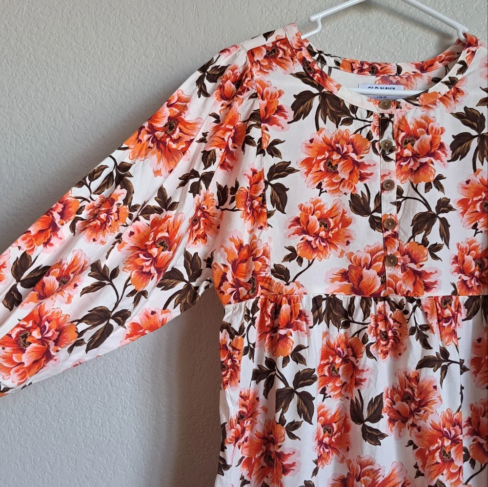 Old Navy Girls Orange Floral Longsleeve Swing Dress Size Large 10-12